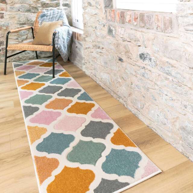Colourful Pastel Trellis Hall Runner Rug - Topaz - 60cm x 240cm Runner