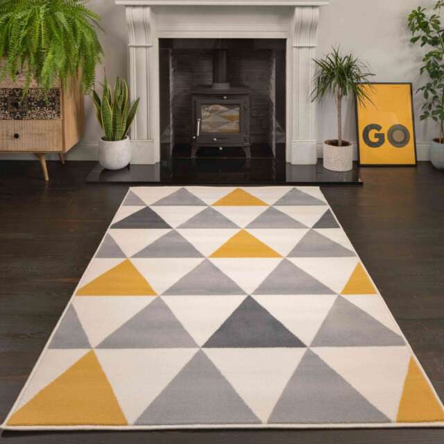 Yellow Grey Geometric Triangle Bedroom Rug - Milan - 160cm x 230cm