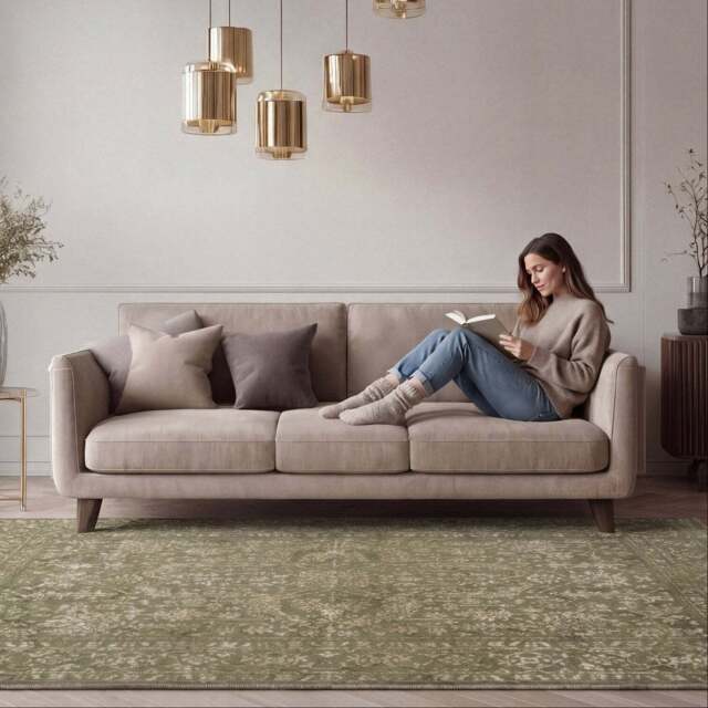 Green Vintage Medallion Area Rug - Linden - Oscar - 80cm x 150cm