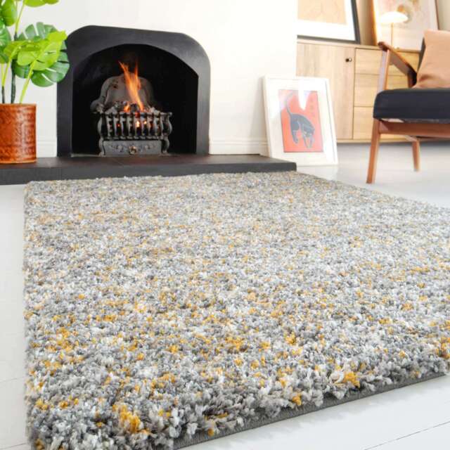 Ochre Luxurious Shaggy Living Room Rug - Murano - 60cm x 110cm