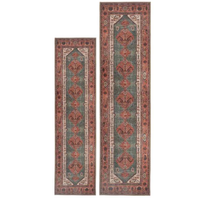 Flatwoven Washable Distressed Terracotta Green Boho Runner - Faro - Renuu - 60cm x 240cm Runner