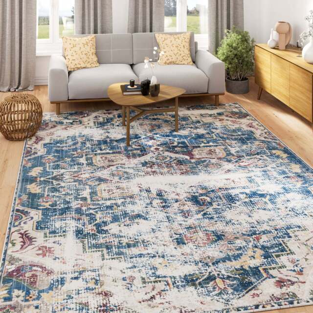 Washable Vintage Blue Distressed Rug - Lyra - Verona - 50cm x 80cm