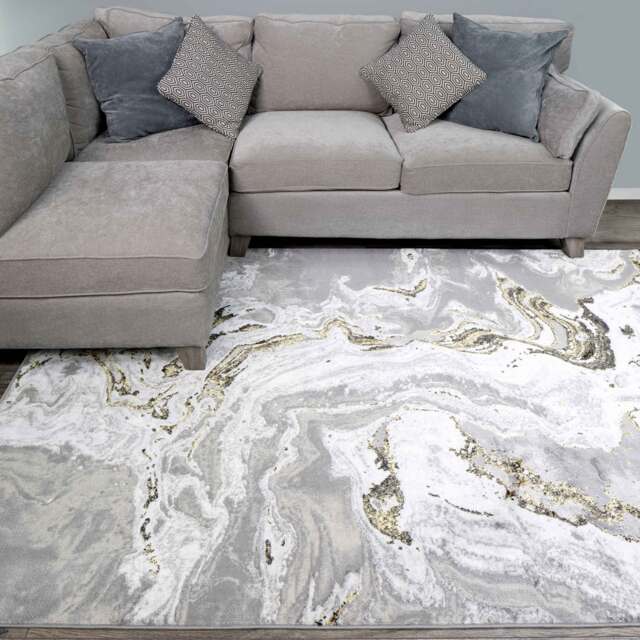 Gold Abstract Swirl Pattern Living Room Rugs - Marble - Hatton - 80cm x 150cm