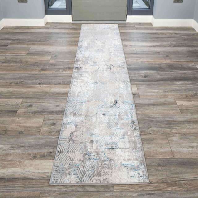 Modern Blue Abstract Geometric Hall Runner Rugs - Hatton - 60cm x 240cm Runner