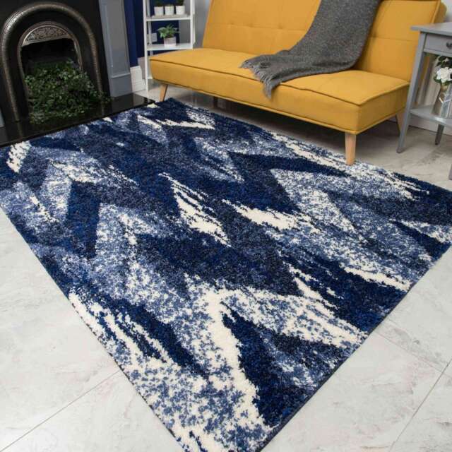 Blue Navy Chevron Mottled Shaggy Living Room Rug - Alder - 60cm x 110cm