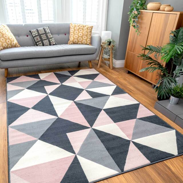 Pink Grey Diamond Geometric Living Room Rug - Milan - 120cm x 170cm