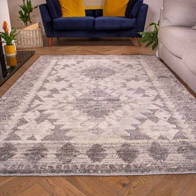 Grey White Textured Tribal Scandi Rug - Ashbee - 60cm x 110cm
