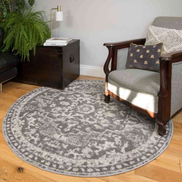 Round Circle Faded Distressed Grey Oriental Rug - Oscar - 120cm x 120cm Circle