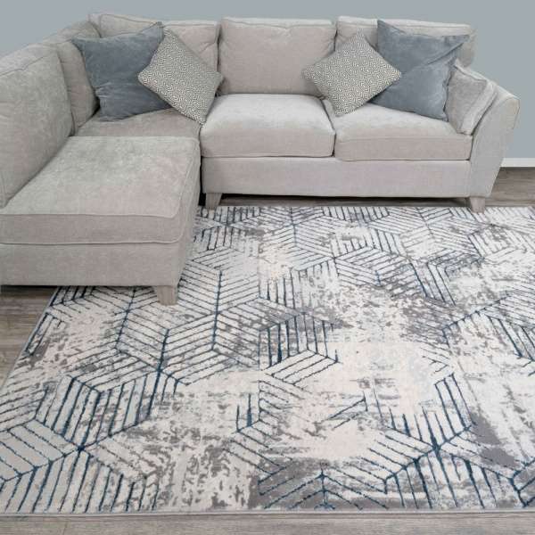 Modern Blue Abstract Geometric Living Room Rugs - Busby - Hatton - 60cm x 110cm