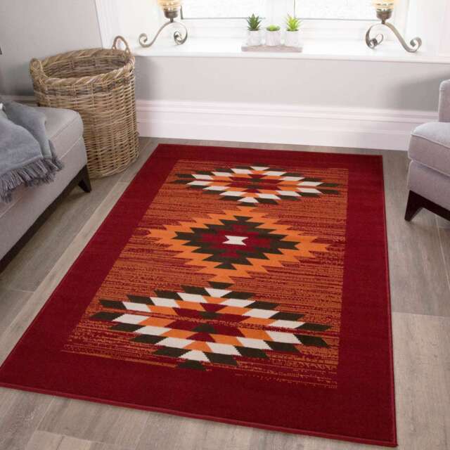 Red Aztec Tribal Medallion Bedroom Rug - Milan - 80cm x 150cm
