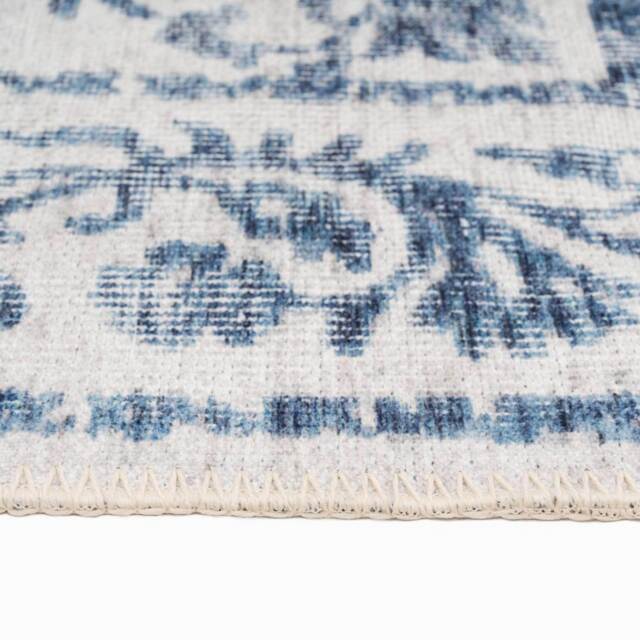 Flatwoven Washable Distressed Blue Damask Rug - Bala - Renuu - 60cm x 110cm