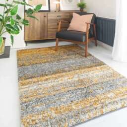 Premium Cosy Ochre Striped Shaggy Rug - Murano - 60cm x 110cm