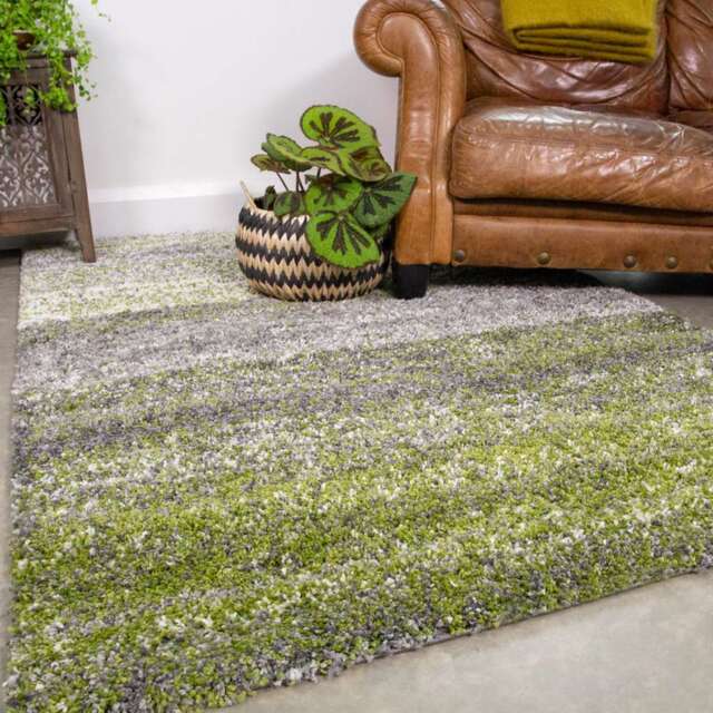 Mottled Stripe Dark Green Shaggy Rug - Alder - 80cm x 150cm