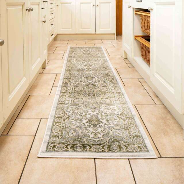 Oriental Bordered Green Floral Hall Runner Rug - Catalina - 60cm x 240cm Runner