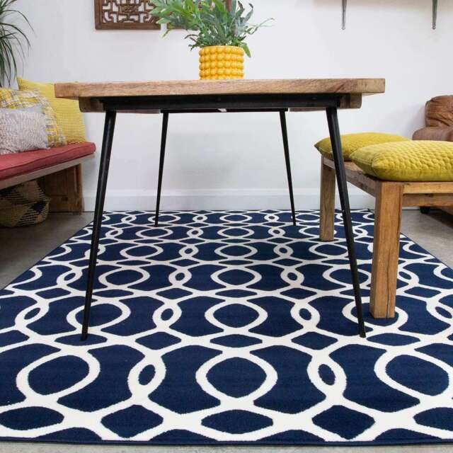 Navy Blue Modern Trellis Bedroom Rug - Milan - 80cm x 150cm