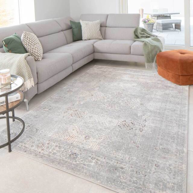 Vintage Grey Washed Effect Living Room Rug - Frank - Ludlow - 60cm x 110cm