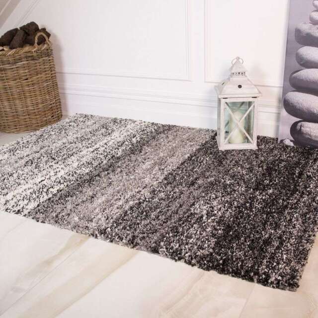 Super Soft Black Stripe Shaggy Bedroom Rug - Alder - 60cm x 110cm