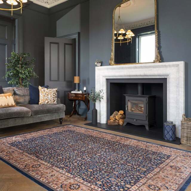 Washable Blue Persian Style Rug - Leela - Velvet - 80cm x 150cm