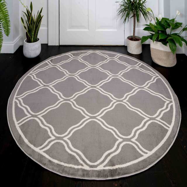 Circle Round Dark Grey Trellis Living Room Rug - Oscar - 120cm x 120cm Circle