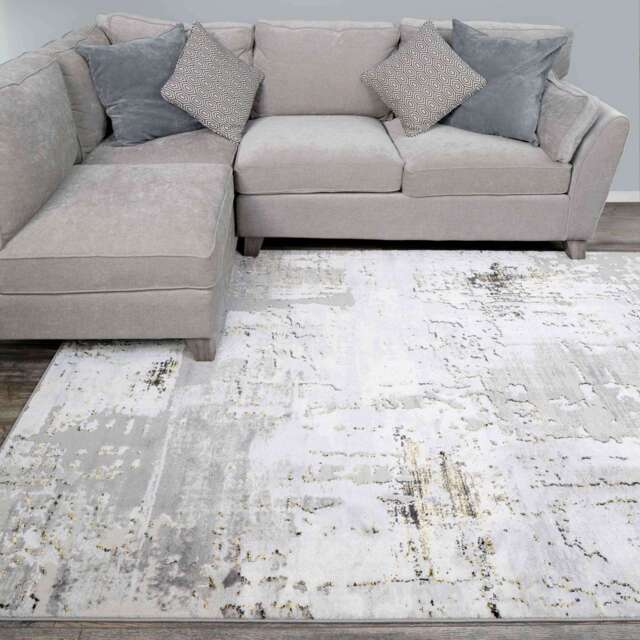 Modern Gold Abstract Distressed Living Room Rugs - Grace - Hatton - 80cm x 150cm