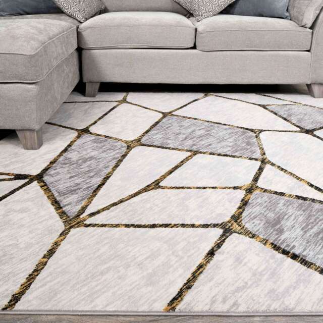 Modern Gold Abstract Mosaic Living Room Rugs - Road - Hatton - 60cm x 110cm