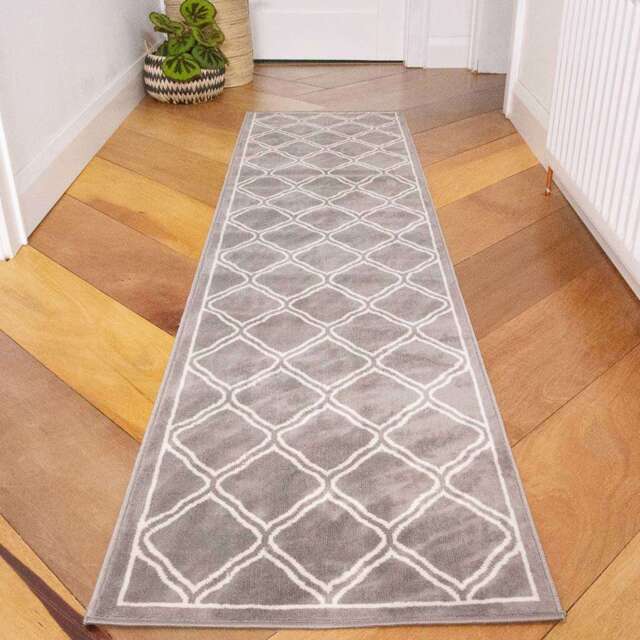Dark Grey Trellis Living Room Runner Rug - Oscar - 60cm x 240cm Runner