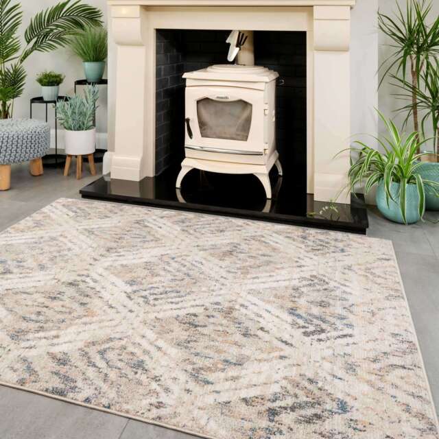 Natural Toned Diamond Living Room Rug - Warner - Ikaro - 60cm x 110cm