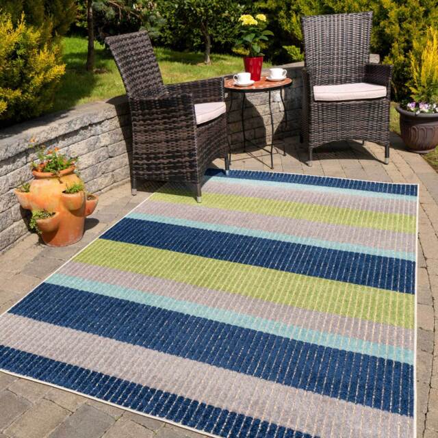 Blue Striped Outdoor Rug - Cordy Blue - Opera - 200cm x 290cm