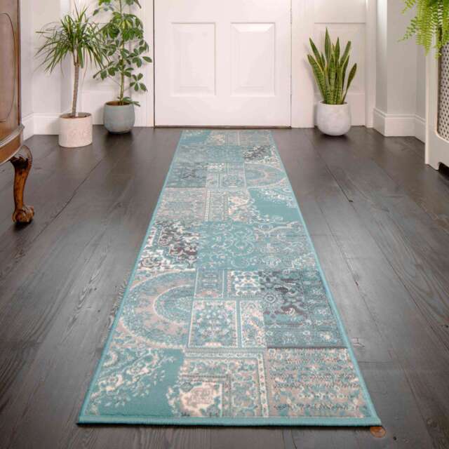 Duck Egg Traditional Patchwork Living Room Rug - Milan - 80cm x 150cm