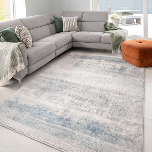 Soft Blue Distressed Abstract Living Room Area Rug - Bedtime - Ludlow - 80cm x 150cm