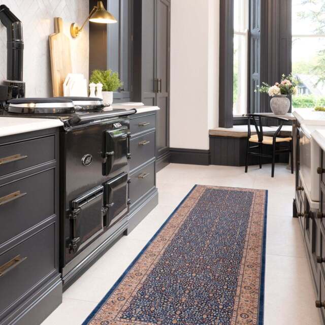 Washable Blue Persian Style Runner - Leela - Velvet - 60cm x 240cm Runner