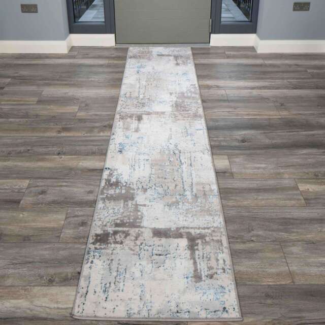 Modern Blue Abstract Distressed Hall Runner Rugs - Hatton - 60cm x 240cm Runner