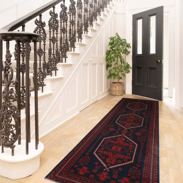 Washable Red Navy Persian Style Runner - Asha - Velvet - 60cm x 240cm Runner