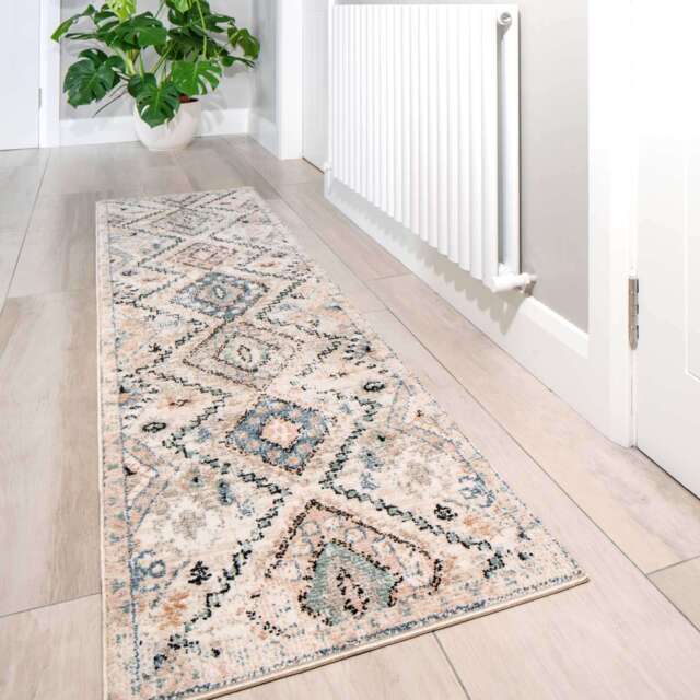 Soft Natural Blue Aztec Hallway Rug - Ikaro - 60cm x 110cm