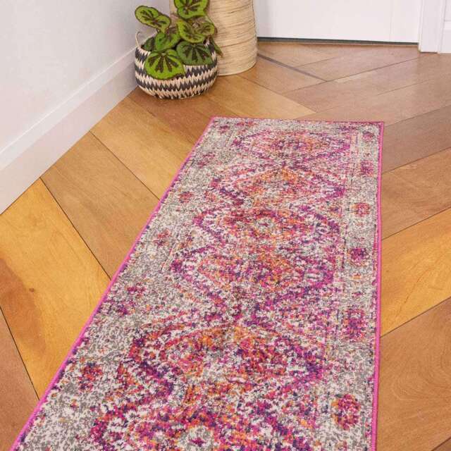 Fuschia Pink Oriental Distressed Rug - Oscar - 80cm x 150cm