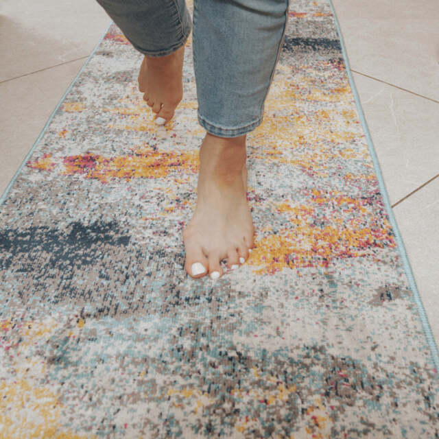 Gold Blue Distressed Living Room Runner Rug - Oscar - 60cm x 240cm Runner