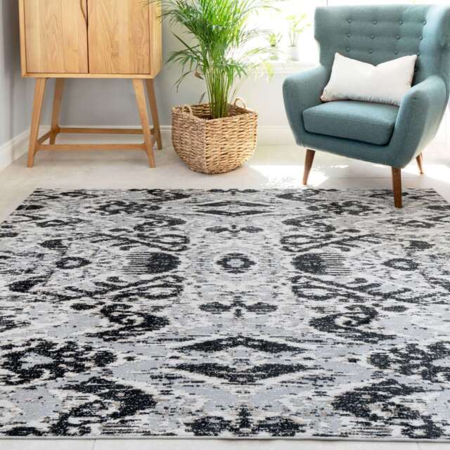 Soft Grey Ikat Living Room Rug - Seville - 75cm x 150cm