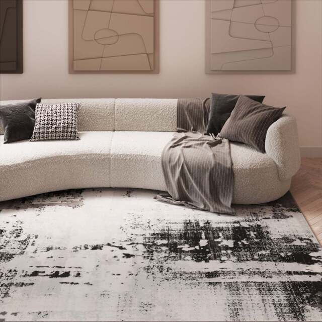 Distressed Abstract Grey Black Area Rug - Grace - Hatton - 60cm x 110cm