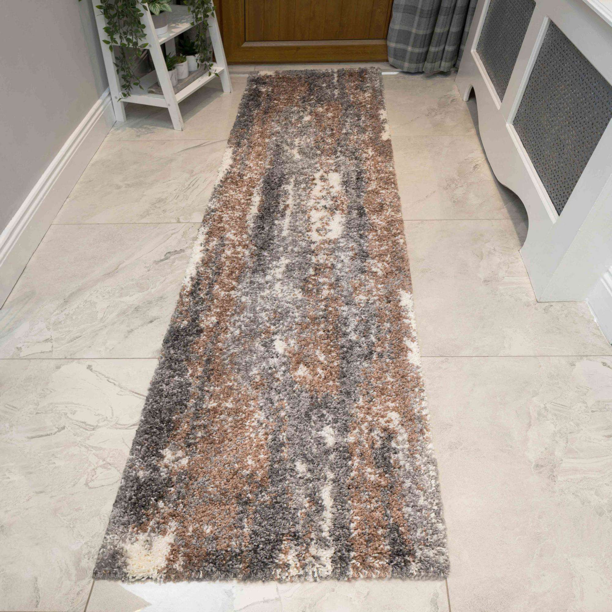Brown Grey Distressed Mottled Shaggy Hall Runner Rug - Murano