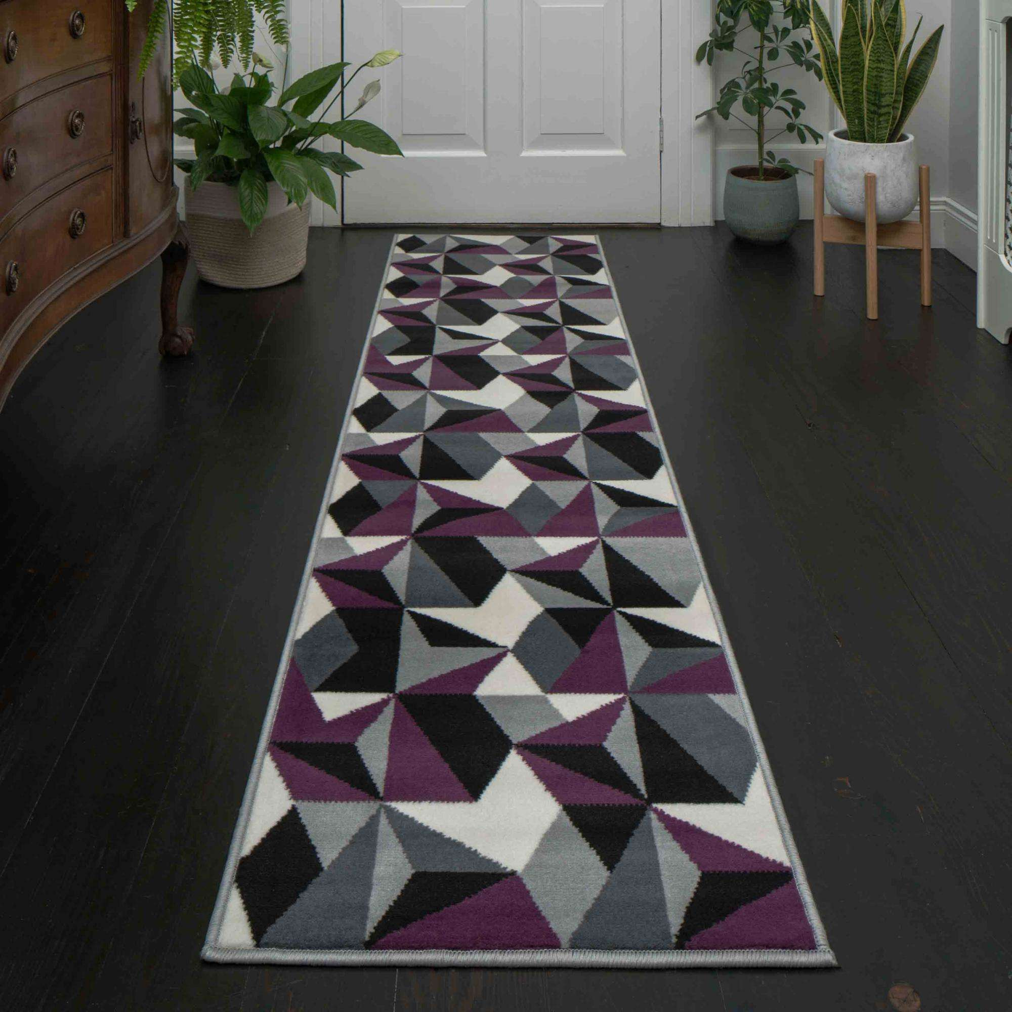Purple Grey Modern Geometric Hall Runner Rugs - Milan