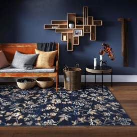 Navy Blue Gold Floral Living Room Rug - Milan - 120cm x 170cm