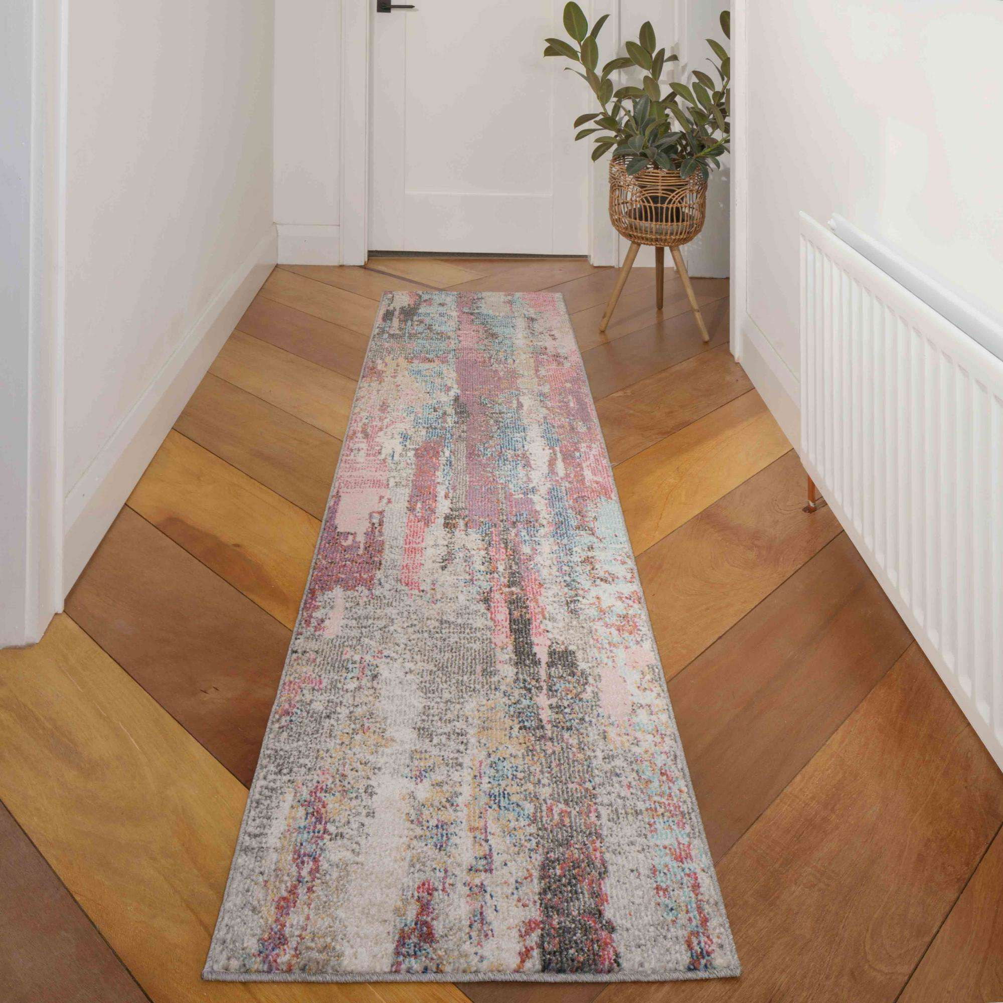 Soft Abstract Distressed Pink Hall Runner Rug - Osbourne