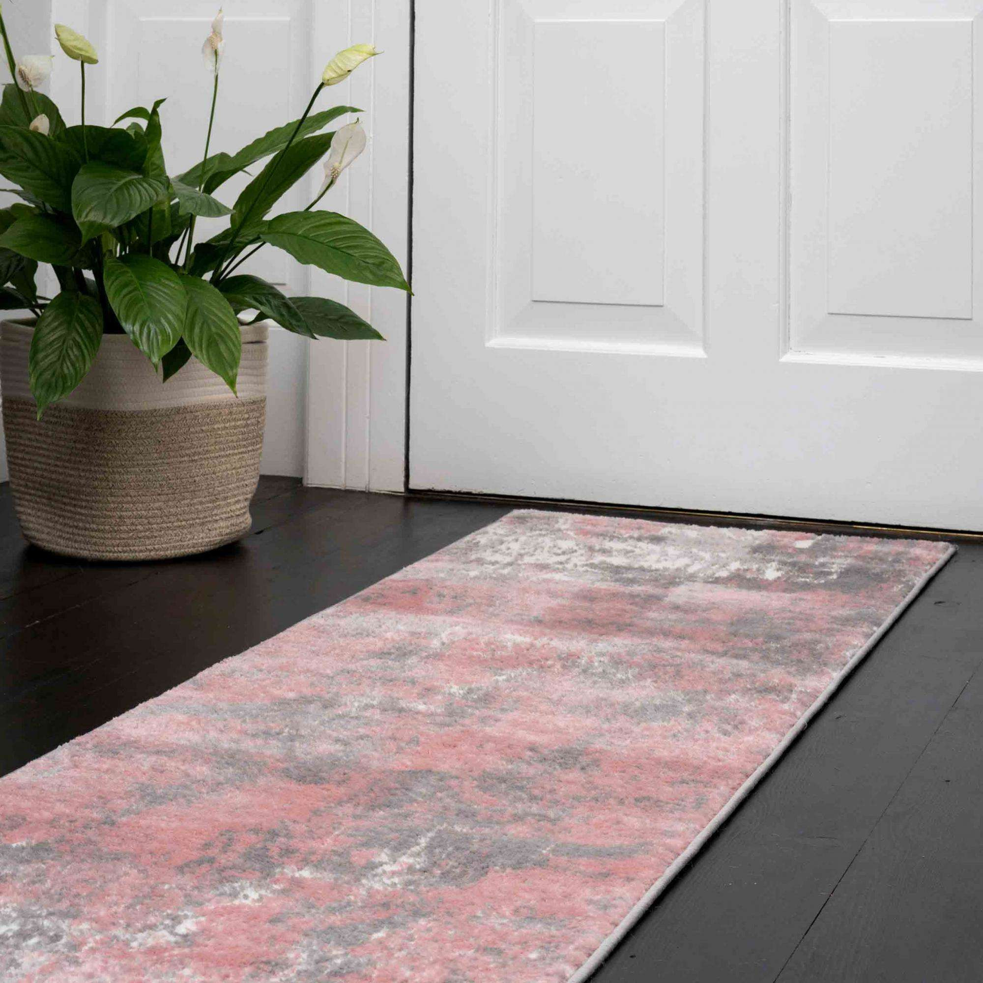 Modern Blush Pink Distressed Hall Runner Rugs - Enzo - 60cm x 240cm Runner