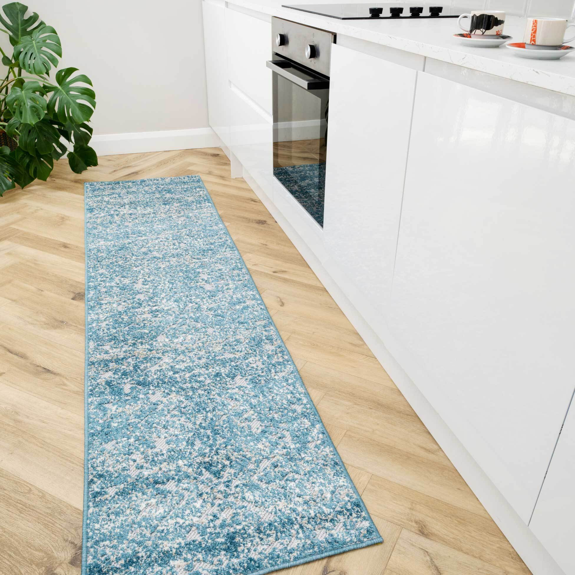 Soft Textured Teal Washable Runner Rug - Globe - 60cm x 240cm Runner