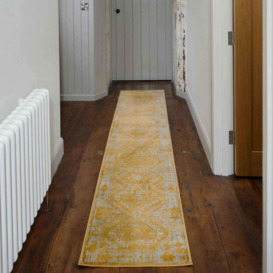Faded Distressed Yellow Traditional Pattern Hall Runner Rug - Oscar - 60cm x 240cm Runner