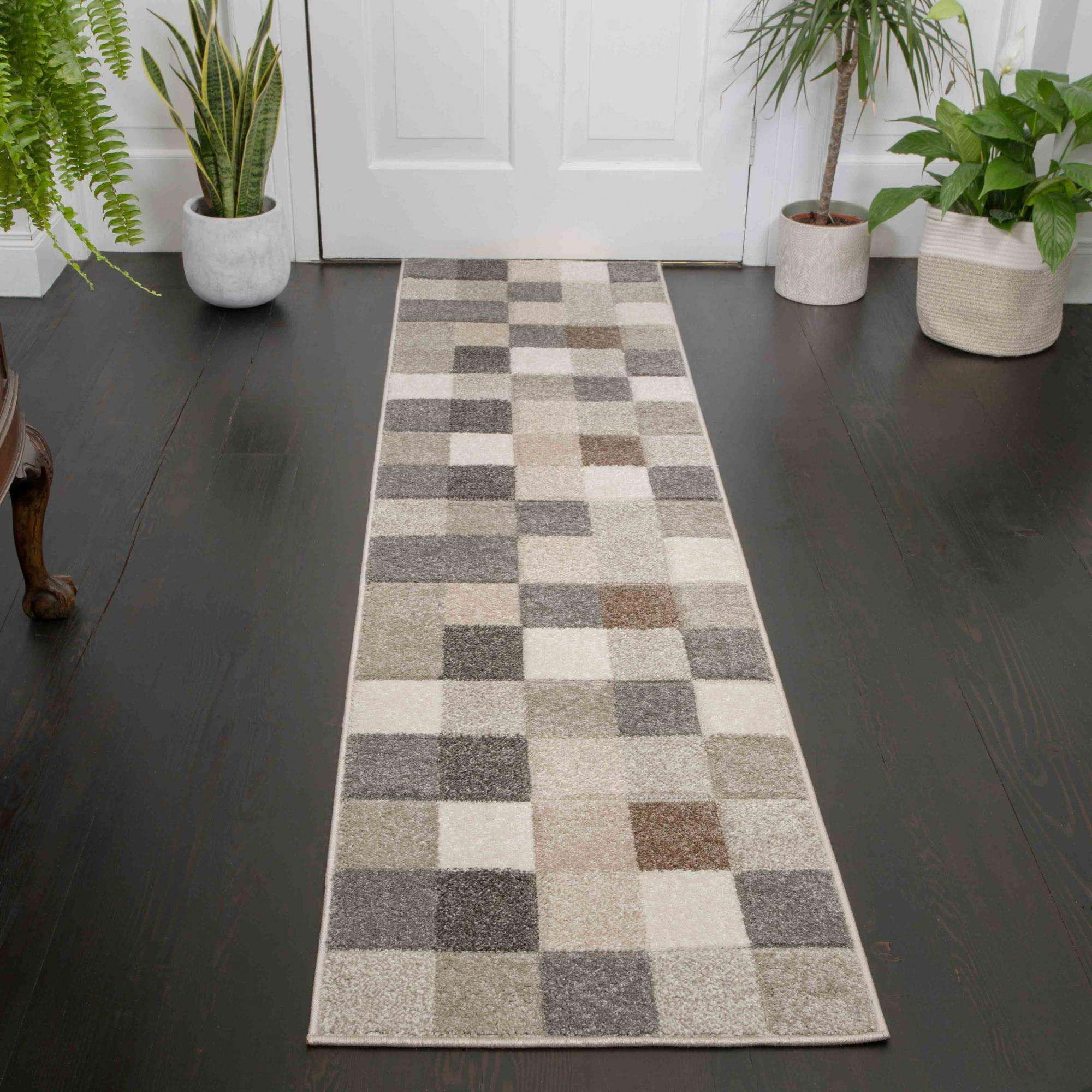 Soft Moroccan Block Squares Natural Beige Hall Runner Rugs - Westland