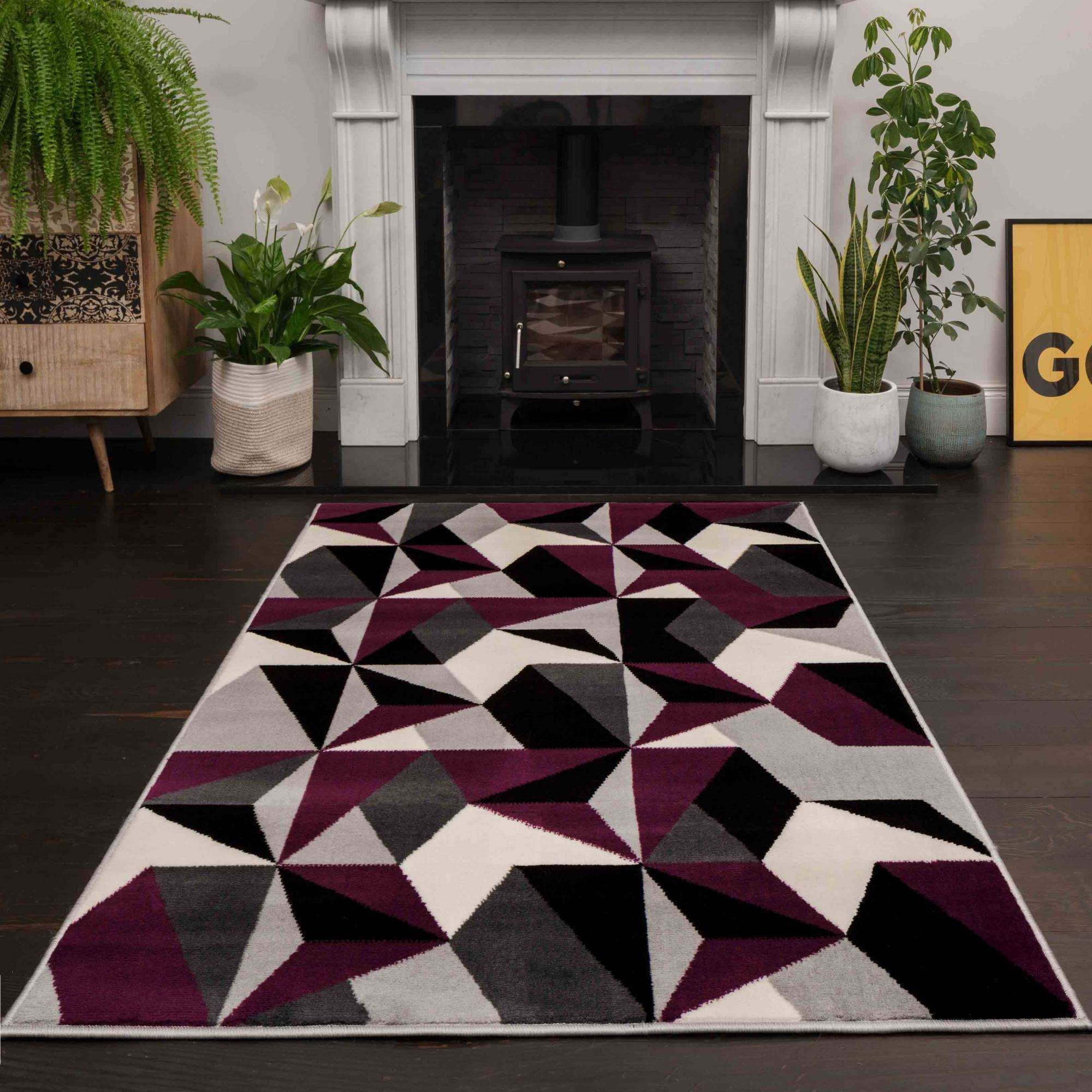Purple Grey Modern Geometric Living Room Rugs - Milan