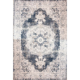 Blue Traditional Distressed Flat Low Pile Room Rug - Abella - 60cm x 110cm