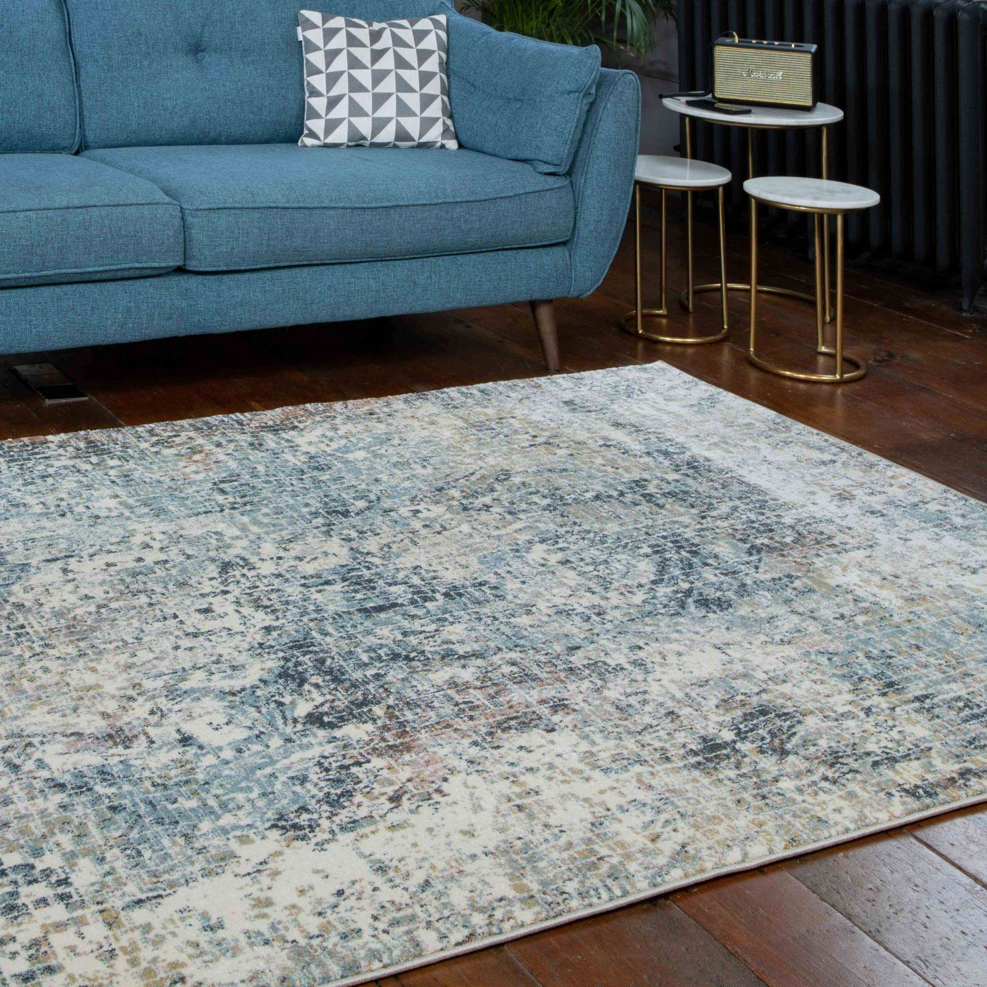 Soft Modern Blue Distressed Abstract Bedroom Rugs - Minuet - Riviera - 60cm x 110cm