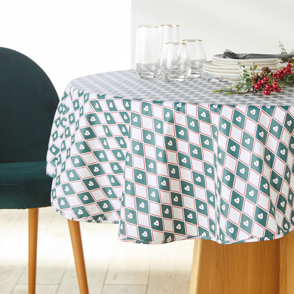 Christmas Check Soft Touch Coated 100% Cotton Round Tablecloth - image 1